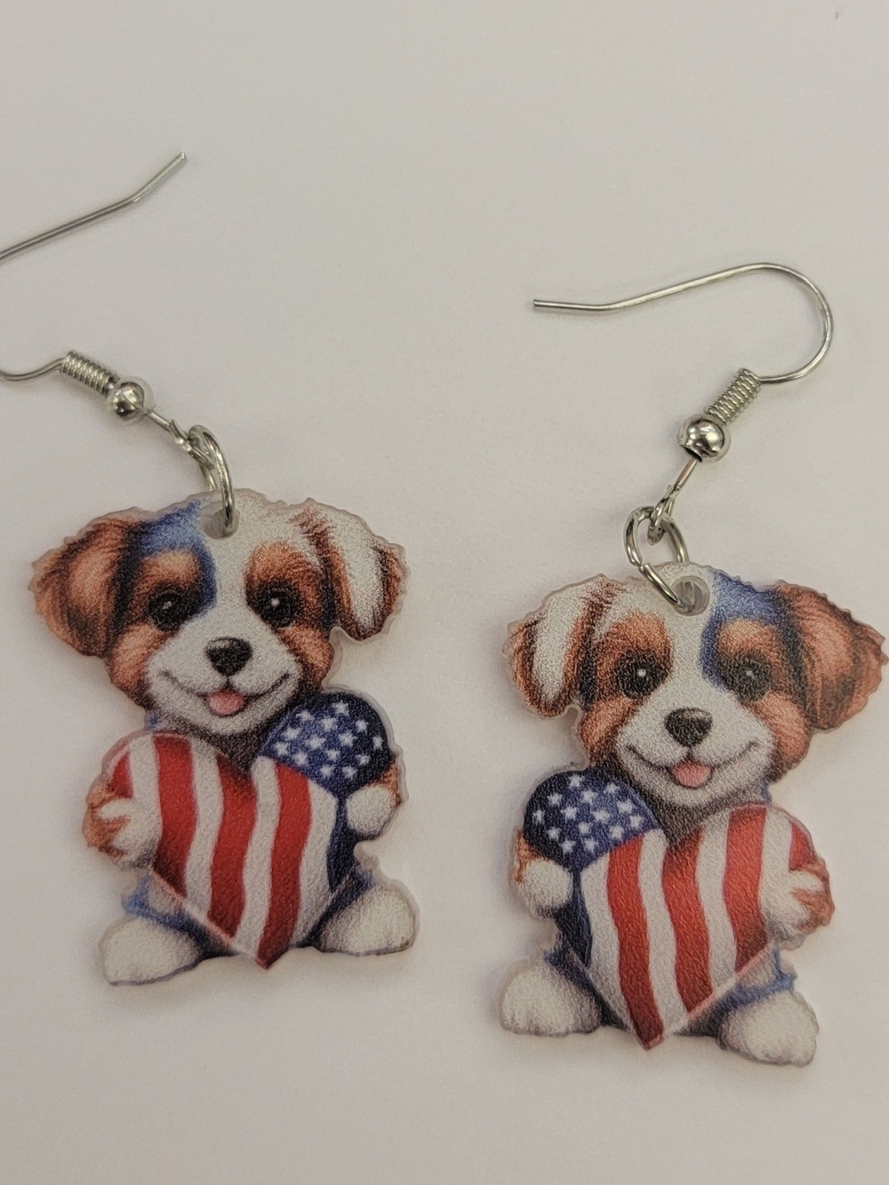Patriotic Puppy Heart Dangle Earrings - Red, White & Blue